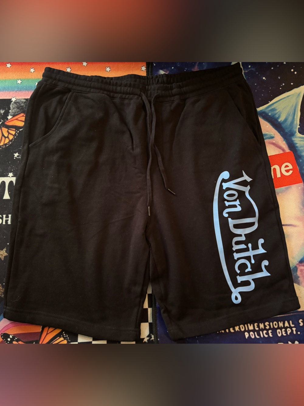 Von Dutch Black Shorts with Light Blue Logo